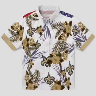 New Orleans Saints Patriotic Hawaiian Shirt, Gold & White Hibiscus NFL Fan Apparel