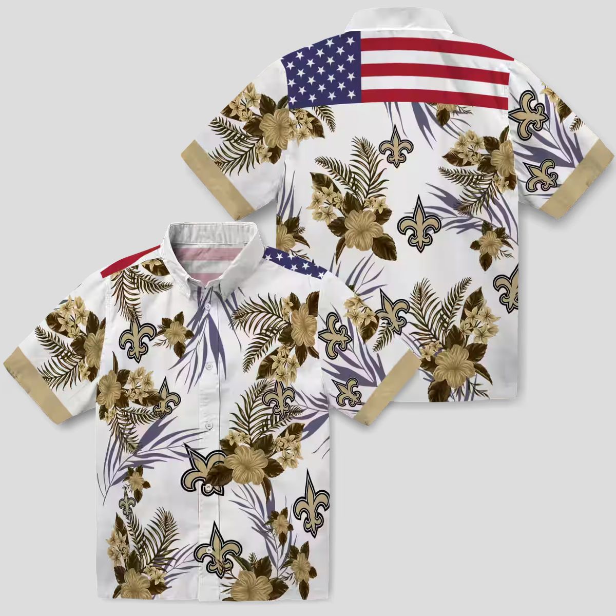 New Orleans Saints Patriotic Hawaiian Shirt, Gold & White Hibiscus NFL Fan Apparel