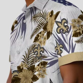 New Orleans Saints Patriotic Hawaiian Shirt, Gold & White Hibiscus NFL Fan Apparel
