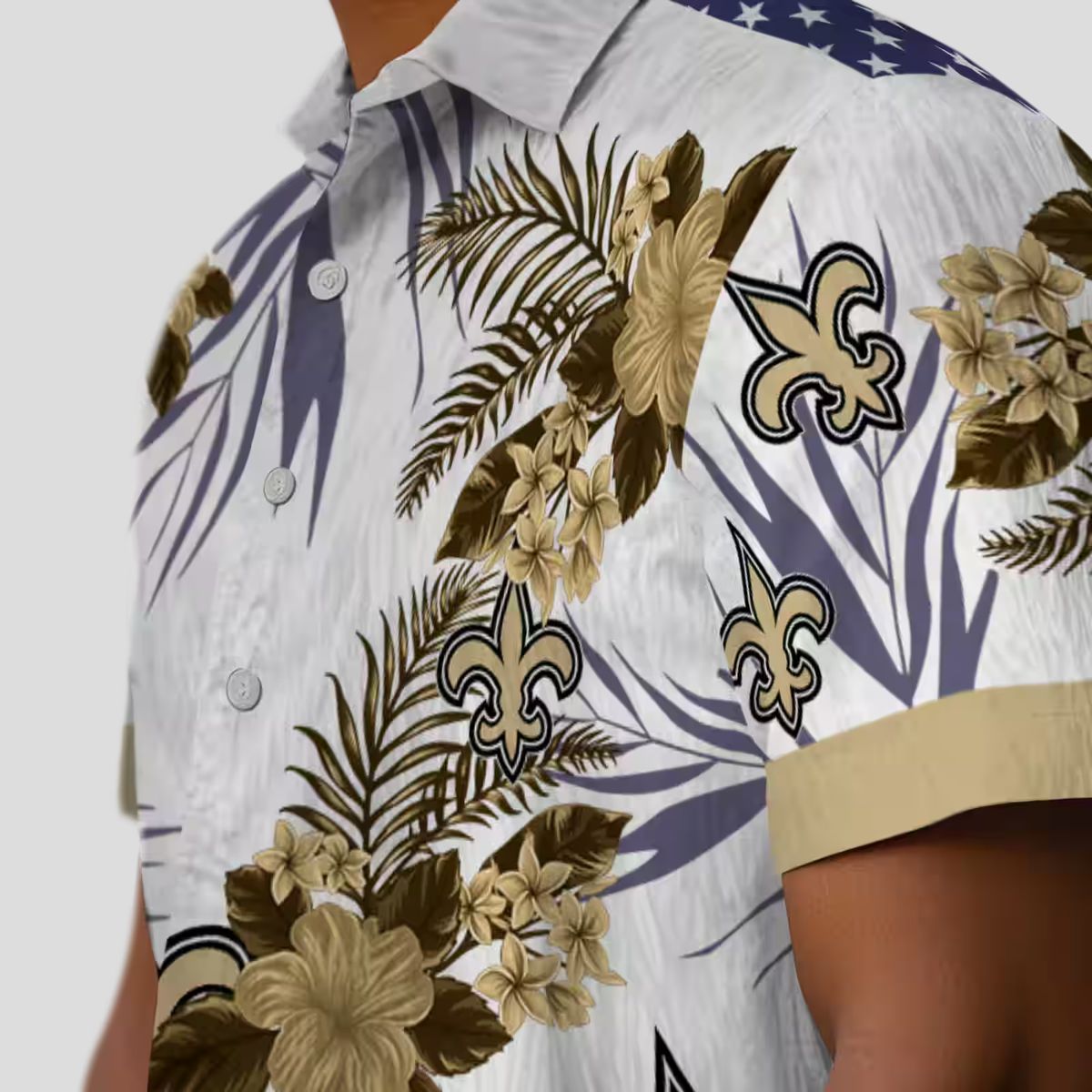 New Orleans Saints Patriotic Hawaiian Shirt, Gold & White Hibiscus NFL Fan Apparel