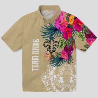 New Orleans Saints Polynesian Gold Shirt, Tropical Floral Hawaiian NFL Apparel