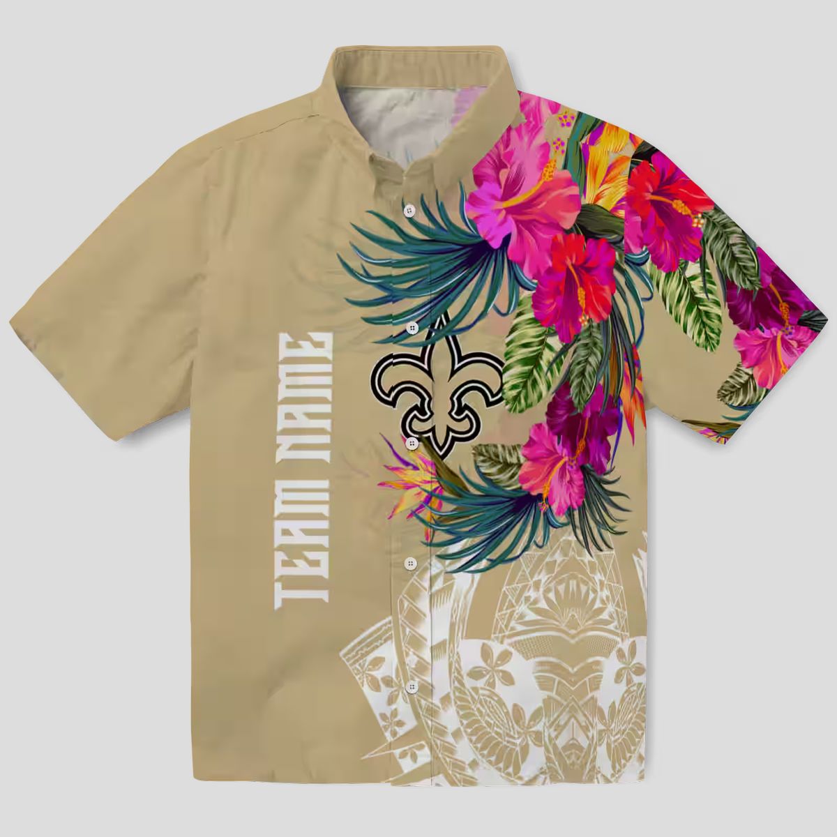 New Orleans Saints Polynesian Gold Shirt, Tropical Floral Hawaiian NFL Apparel