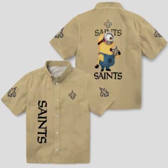 New Orleans Saints Stuart Minion Hawaiian Shirt, Gold Tropical Aloha Buton Up