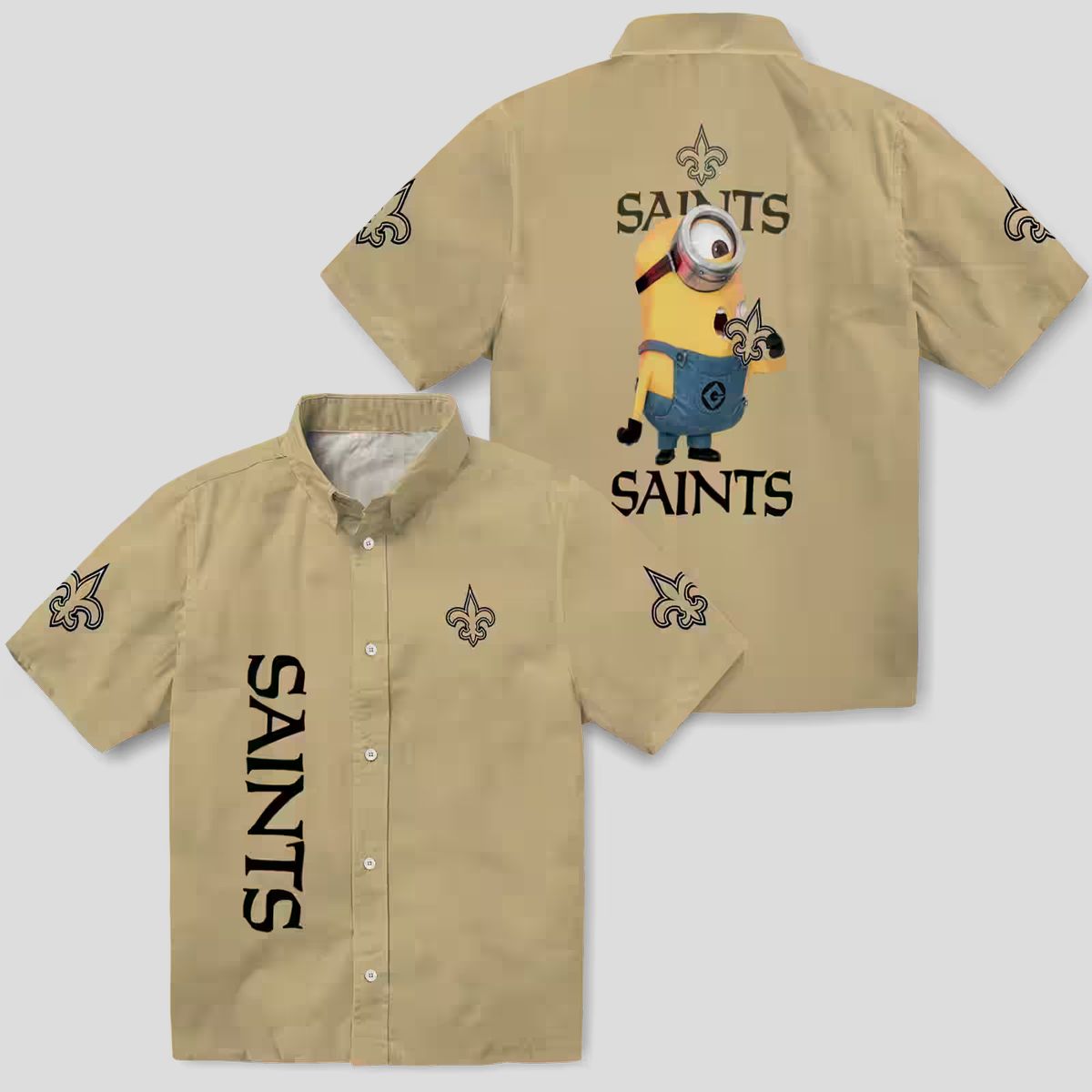 New Orleans Saints Stuart Minion Hawaiian Shirt, Gold Tropical Aloha Buton Up
