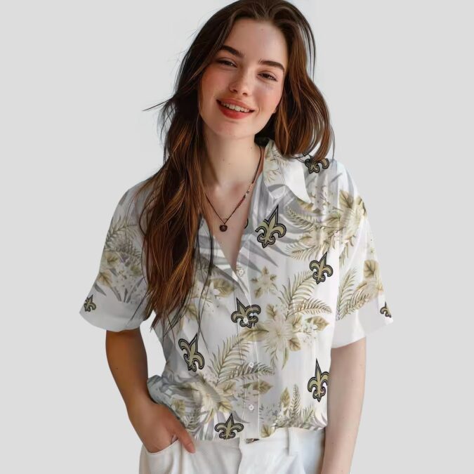 New Orleans Saints Summer Beach Shirt - White & Gold Hibiscus Palm NFL Edition
