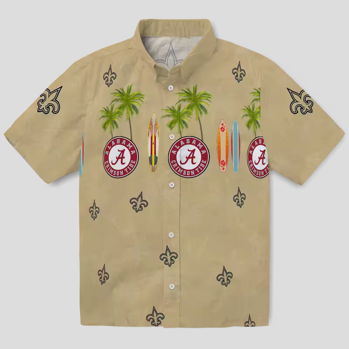 New Orleans Saints Surfboard Hawaiian Shirt, Palm & Gold Tropical NFL Apparel