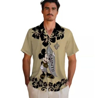 New Orleans Saints Surfing Mickey Gold Hawaiian Shirt, Tropical NFL Fan Outfit