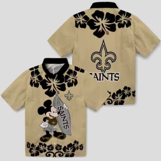 New Orleans Saints Surfing Mickey Gold Hawaiian Shirt, Tropical NFL Fan Outfit