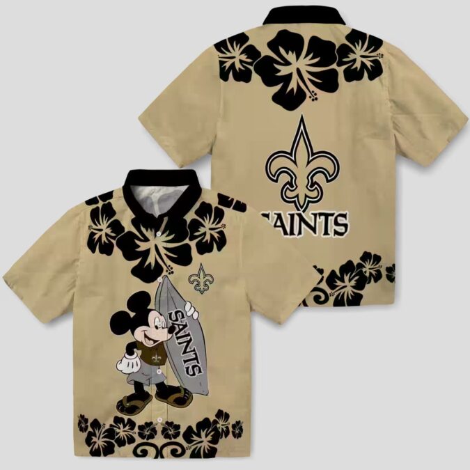 New Orleans Saints Surfing Mickey Gold Hawaiian Shirt, Tropical NFL Fan Outfit