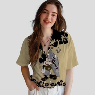 New Orleans Saints Surfing Mickey Gold Hawaiian Shirt, Tropical NFL Fan Outfit