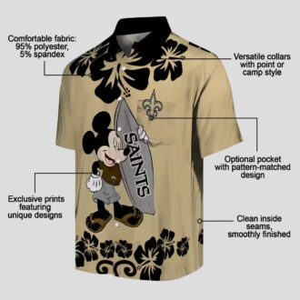 New Orleans Saints Surfing Mickey Gold Hawaiian Shirt, Tropical NFL Fan Outfit