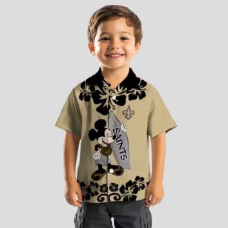 New Orleans Saints Surfing Mickey Gold Hawaiian Shirt, Tropical NFL Fan Outfit