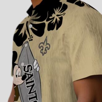 New Orleans Saints Surfing Mickey Gold Hawaiian Shirt, Tropical NFL Fan Outfit