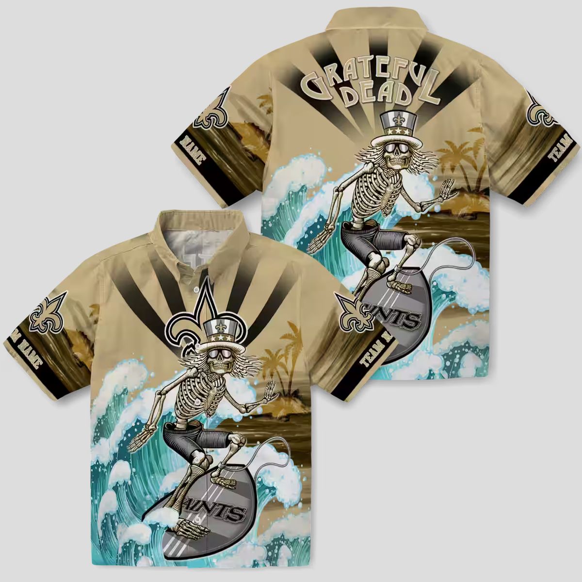 New Orleans Saints Surfing Skeleton Shirt, Tropical Palm & Hibiscus Hawaiian Shirt