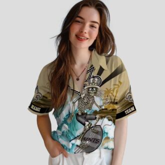 New Orleans Saints Surfing Skeleton Shirt, Tropical Palm & Hibiscus Hawaiian Shirt
