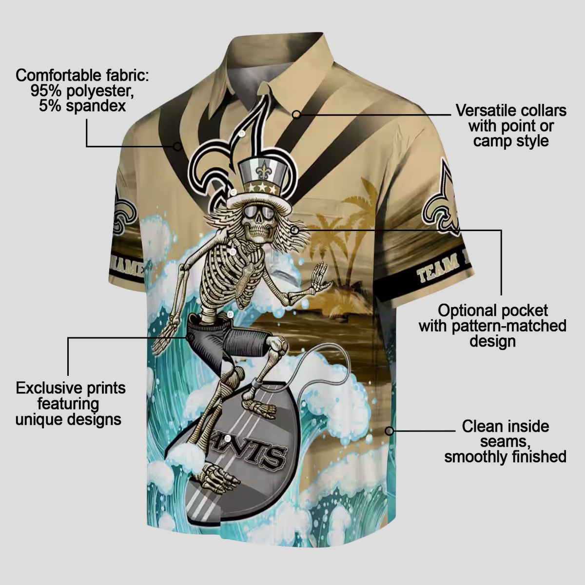 New Orleans Saints Surfing Skeleton Shirt, Tropical Palm & Hibiscus Hawaiian Shirt