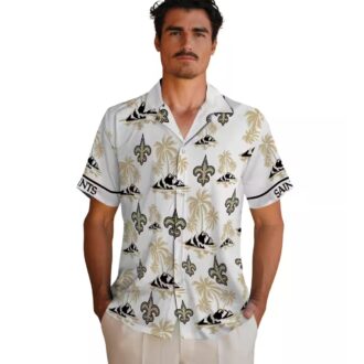 New Orleans Saints Tropical Aloha Shirt, Palm Island Gold & White Hawaiian Shirt