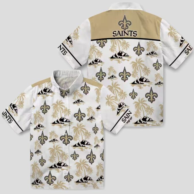 New Orleans Saints Tropical Aloha Shirt, Palm Island Gold & White Hawaiian Shirt