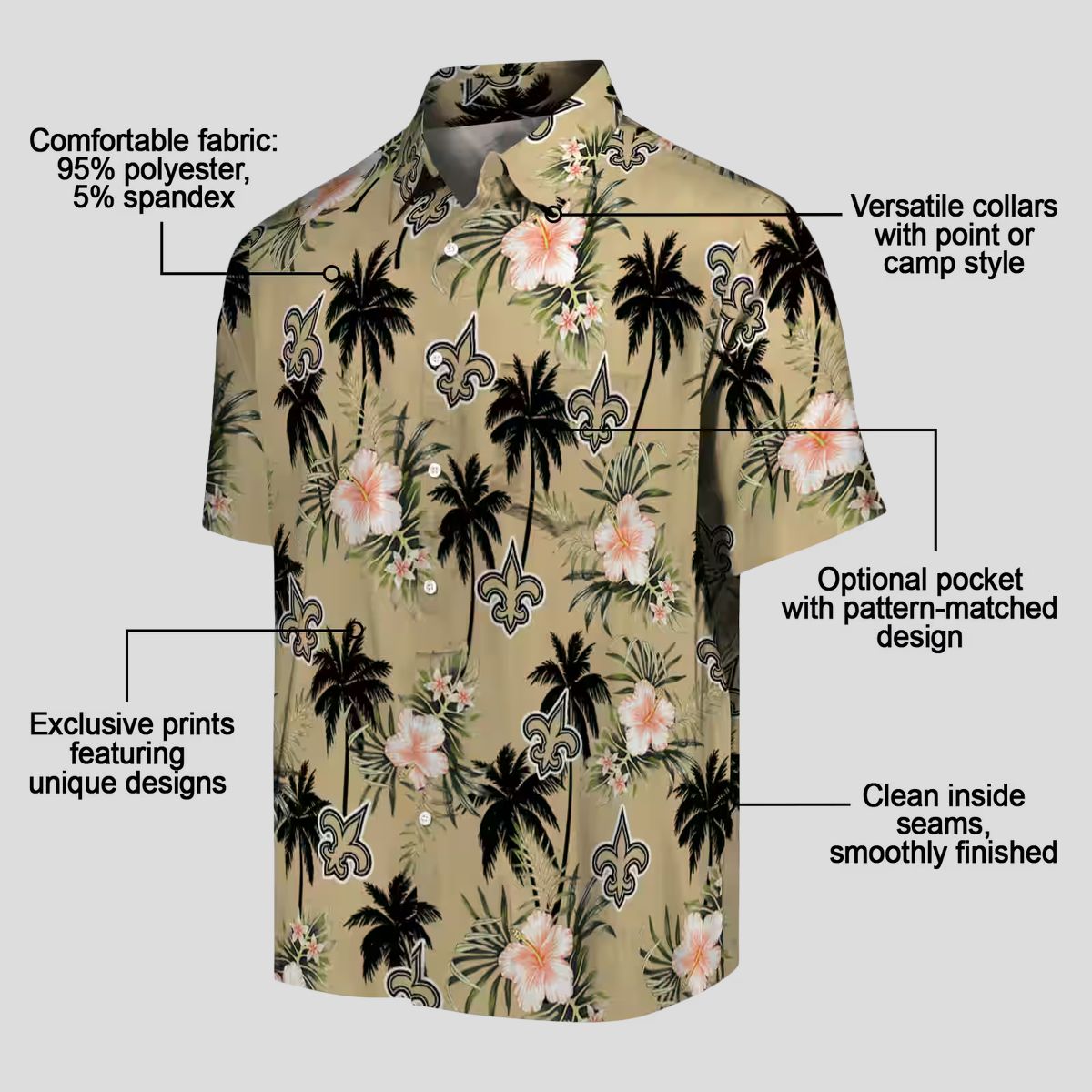 New Orleans Saints Tropical Hawaiian Shirt, Gold Flower & Palm Tree NFL Apparel