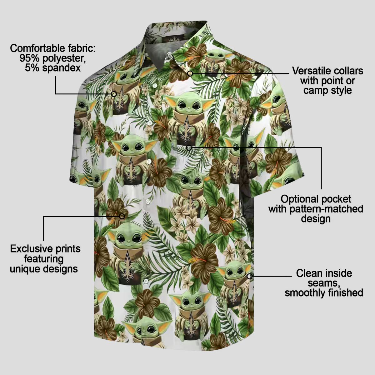 New Orleans Saints Tropical Yoda Green Hawaiian Shirt, NFL Aloha Fan Gifts
