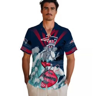 Custom NFL Fans Patriots Surfing Skeleton Hawaiian Shirt, Vintage Blue Tropical Shirt