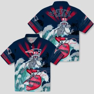 Custom NFL Fans Patriots Surfing Skeleton Hawaiian Shirt, Vintage Blue Tropical Shirt