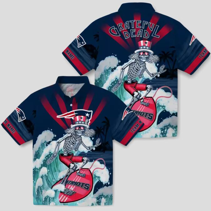 Custom NFL Fans Patriots Surfing Skeleton Hawaiian Shirt, Vintage Blue Tropical Shirt