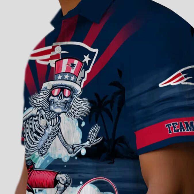 Custom NFL Fans Patriots Surfing Skeleton Hawaiian Shirt, Vintage Blue Tropical Shirt