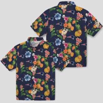 New England Patriots Navy Blue Hawaiian Shirt, Hibiscus & Fruit NFL Fan Apparel