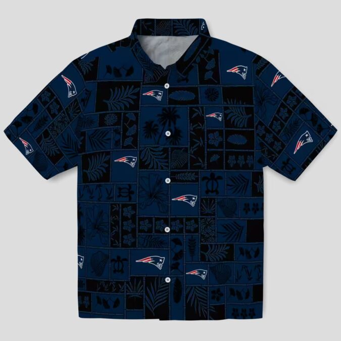 New England Patriots Patchwork Hawaiian Shirt, Blue & Black NFL Apparel