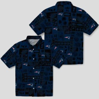 New England Patriots Patchwork Hawaiian Shirt, Blue & Black NFL Apparel