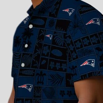 New England Patriots Patchwork Hawaiian Shirt, Blue & Black NFL Apparel