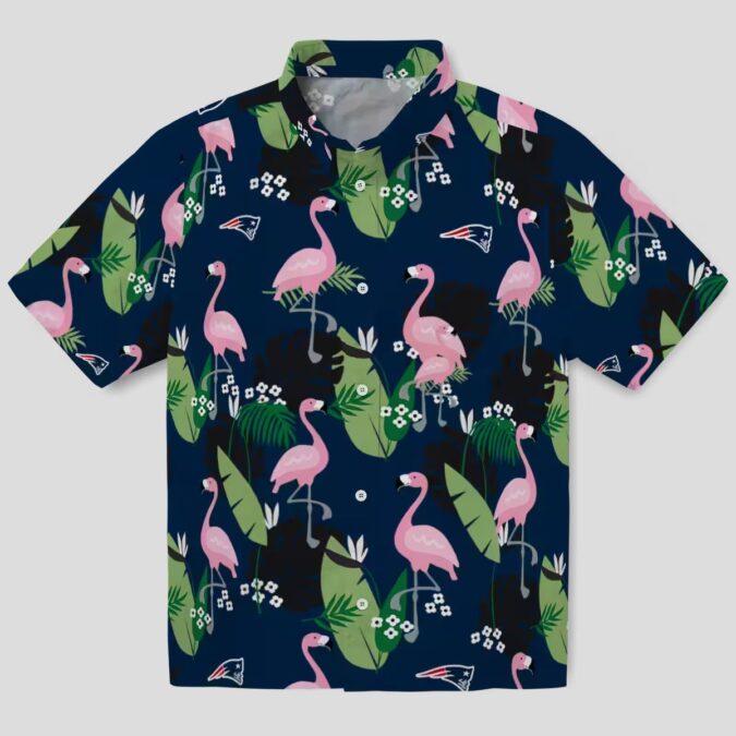 NFL Fans New England Patriots Blue Hawaiian Shirt - Tropical Leaf & Flamingo Design