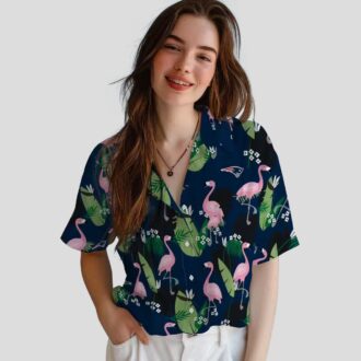 NFL Fans New England Patriots Blue Hawaiian Shirt - Tropical Leaf & Flamingo Design