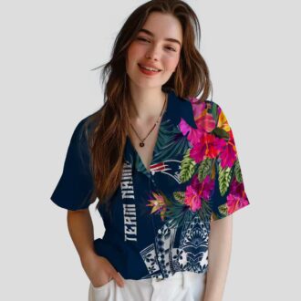 Women's New England Patriots Floral Hawaiian Shirt, Polynesian Blue Aloha Shirt