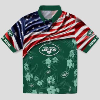 Custom New York Jets Hawaiian Shirt, Hibiscus Green Aloha with US Flag for NFL Fans