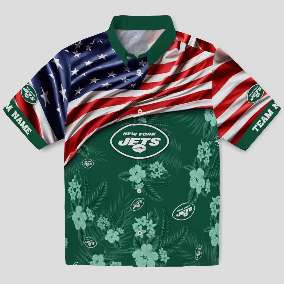 Custom New York Jets Hawaiian Shirt, Hibiscus Green Aloha with US Flag for NFL Fans