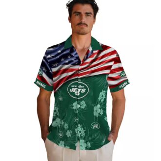 Custom New York Jets Hawaiian Shirt, Hibiscus Green Aloha with US Flag for NFL Fans