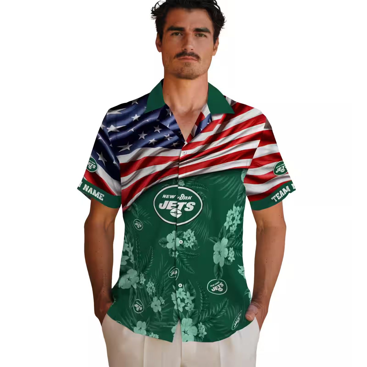 Custom New York Jets Hawaiian Shirt, Hibiscus Green Aloha with US Flag for NFL Fans