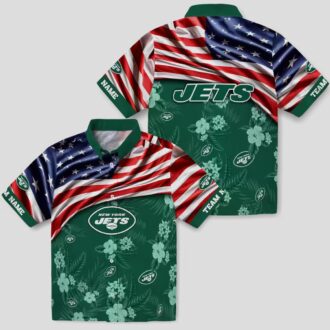 Custom New York Jets Hawaiian Shirt, Hibiscus Green Aloha with US Flag for NFL Fans
