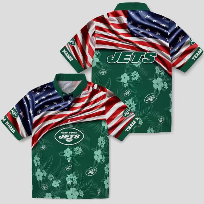 Custom New York Jets Hawaiian Shirt, Hibiscus Green Aloha with US Flag for NFL Fans