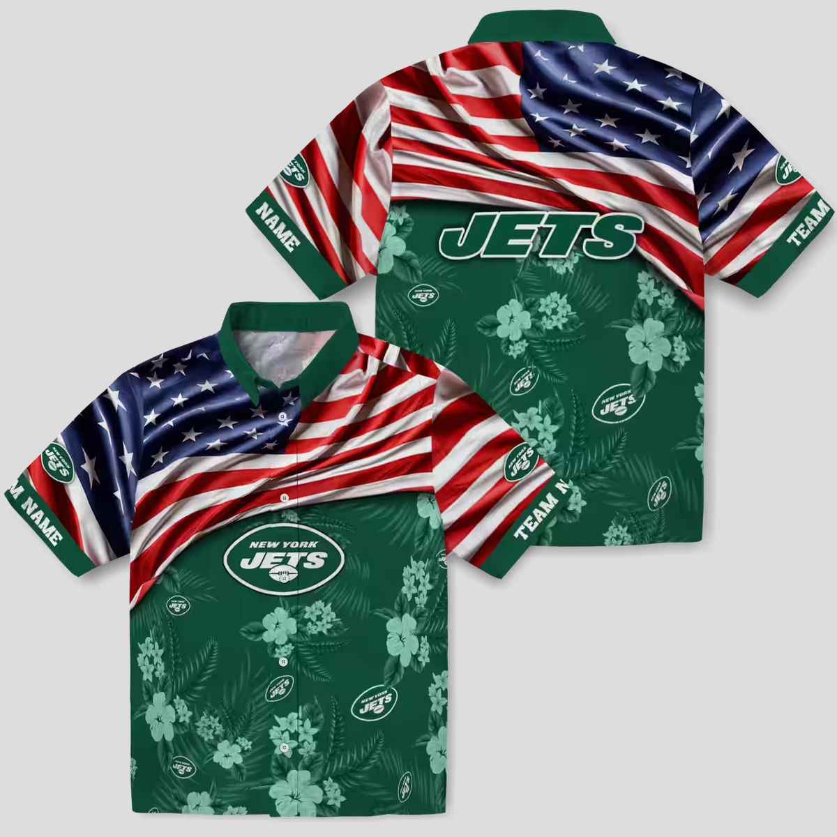 Custom New York Jets Hawaiian Shirt, Hibiscus Green Aloha with US Flag for NFL Fans