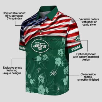 Custom New York Jets Hawaiian Shirt, Hibiscus Green Aloha with US Flag for NFL Fans