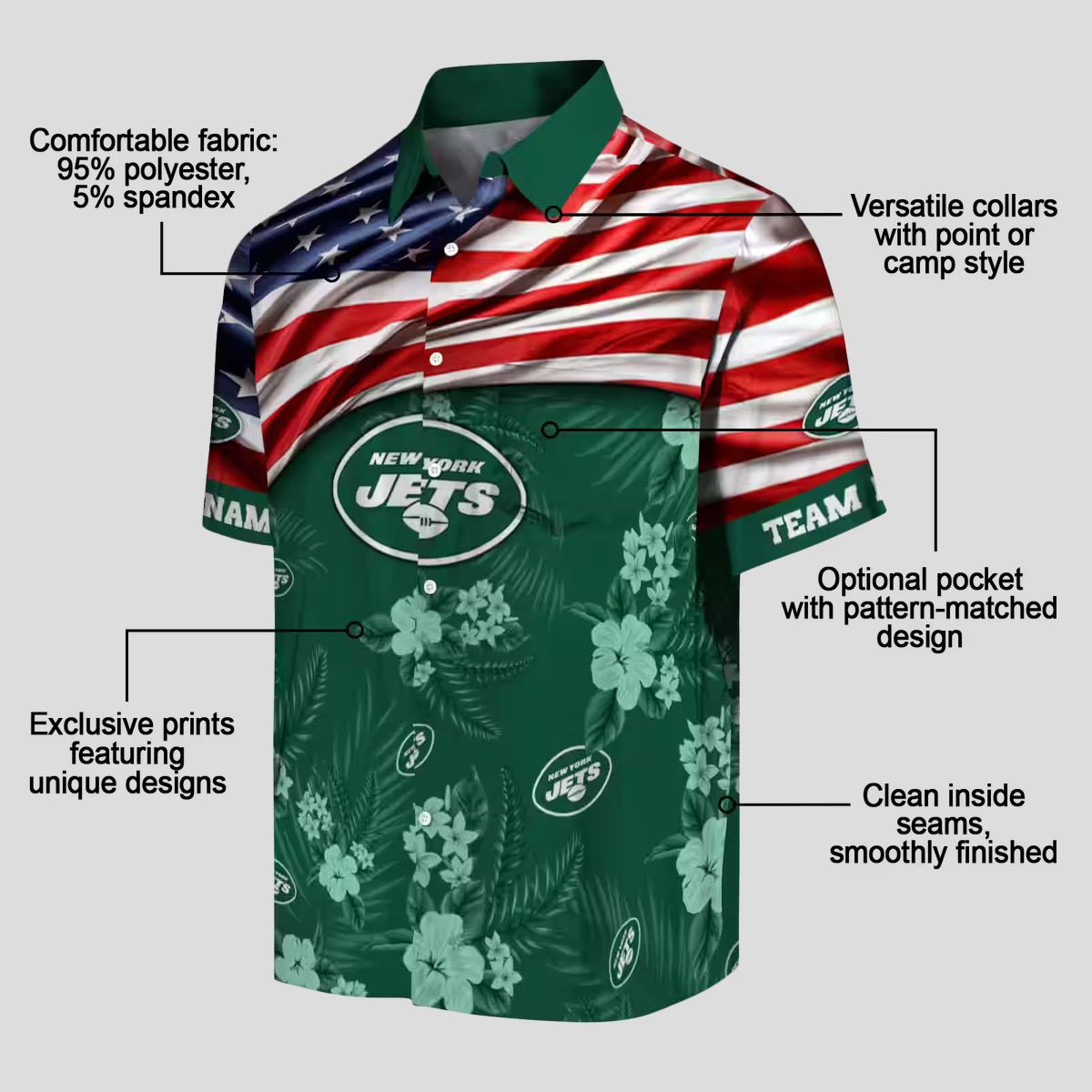 Custom New York Jets Hawaiian Shirt, Hibiscus Green Aloha with US Flag for NFL Fans
