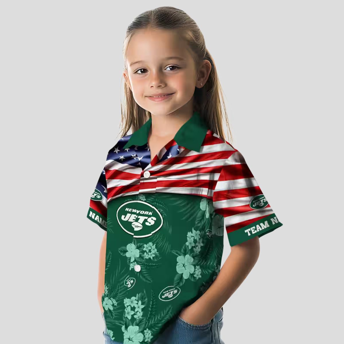 Custom New York Jets Hawaiian Shirt, Hibiscus Green Aloha with US Flag for NFL Fans