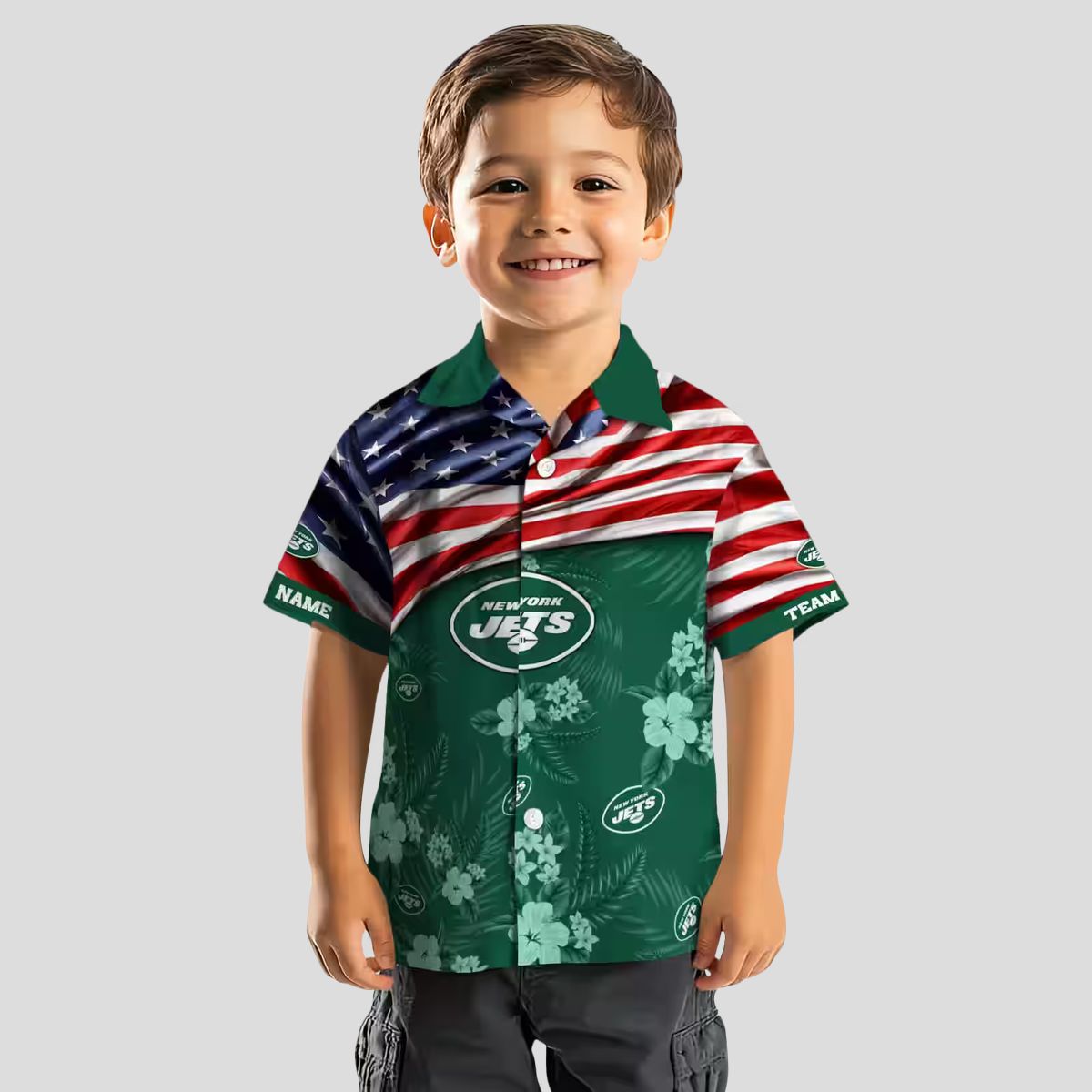 Custom New York Jets Hawaiian Shirt, Hibiscus Green Aloha with US Flag for NFL Fans
