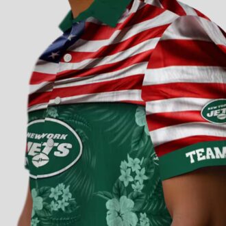 Custom New York Jets Hawaiian Shirt, Hibiscus Green Aloha with US Flag for NFL Fans
