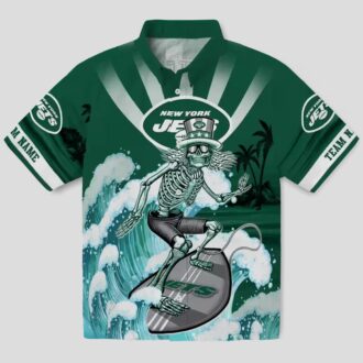 Custom New York Jets Surfing Skeleton Hawaiian Shirt, Green Blue NFL Fan Gift