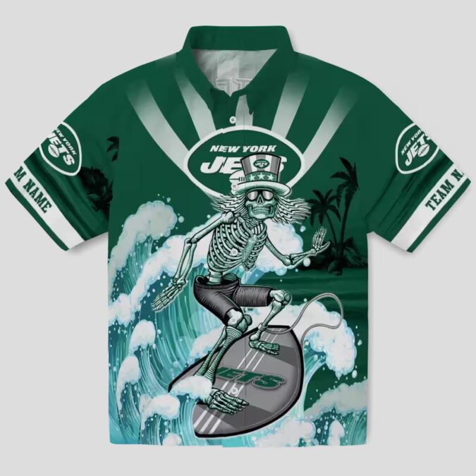 Custom New York Jets Surfing Skeleton Hawaiian Shirt, Green Blue NFL Fan Gift