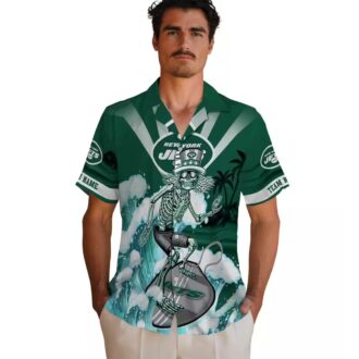 Custom New York Jets Surfing Skeleton Hawaiian Shirt, Green Blue NFL Fan Gift